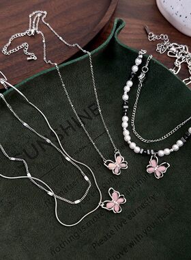 粉色蝴蝶珍珠项链女双层叠戴颈链轻奢小众碎银锁骨链配饰choker