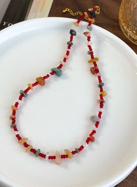 彩色天然石红色手工串珠项链女小众设计感时尚百搭气质锁骨链颈链