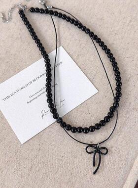 甜酷风黑色蝴蝶结串珠叠戴项链甜美纯欲小众百搭暗色系项链锁骨链