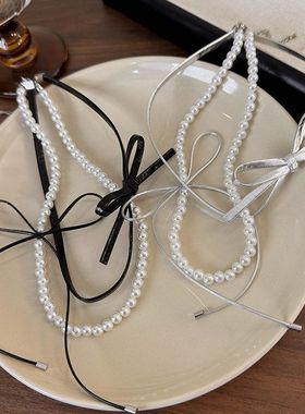 皮质蝴蝶结丝带珍珠项链女轻奢小众双层叠戴锁骨链独特设计感颈链