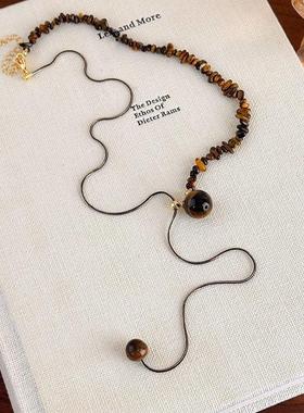 美拉德不规则虎眼石串珠项链复古小众设计款气质高级感抽拉毛衣链