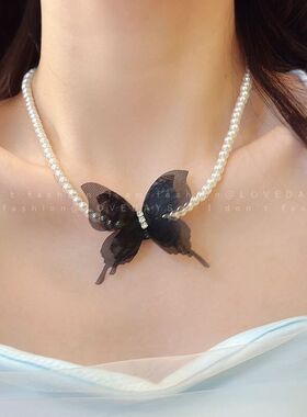 新款绝美仙气薄纱立体蝴蝶珍珠颈链简约气质网红短款颈链锁骨链女