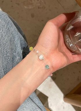 小清新彩色悬浮趣味ins串珠项链隐形鱼线锁骨链双层叠戴透明颈链