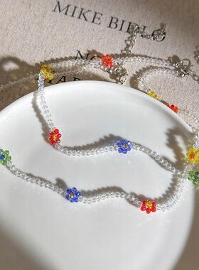 夏季彩色串珠花朵项链可爱甜美小众简约百搭超仙学生新款锁骨链女