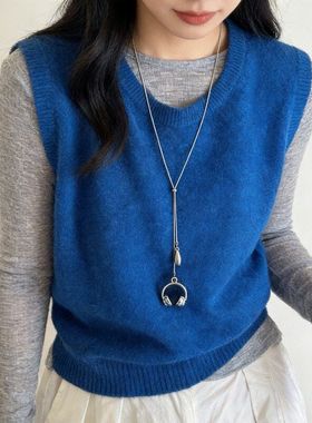 韩系银色耳机水滴吊坠项链轻奢高级感长款抽拉毛衣链秋冬装饰配饰