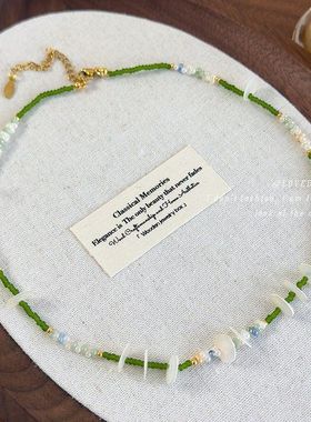 新中式清新绿色彩色手工串珠贝壳圆片项链浪漫度假风拍照配饰品女