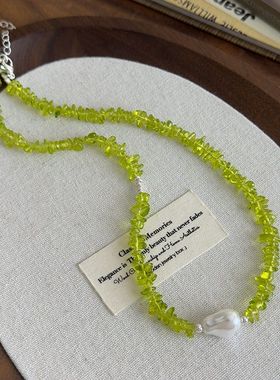 森系橄榄绿色石珍珠项链女清新甜美锁骨链时尚气质百搭颈链度假风