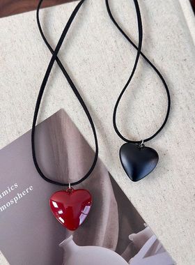 韩版博主同款红色爱心吊坠项链女辣妹风毛衣链抽绳可调节颈链配饰