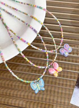 甜美饰品彩色串珠蝴蝶吊坠项链女多巴胺甜酷ins锁骨链bm辣妹颈链