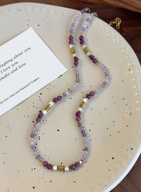 春夏新款浪漫紫色系水晶玻璃手工串珠项链甜美气质拍照配饰颈链女