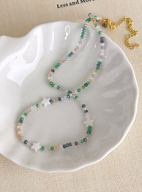 甜美度假风小清新绿色水晶串珠项链多巴胺风格贝壳星星短款锁骨链