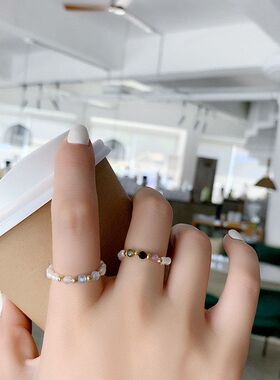 手作水晶时尚感手工串珠珍珠戒指女叠戴时尚淑女细指环百搭戒指