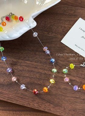 夏日多巴胺彩色水晶串珠项链女高级感鱼线颈链锁骨链手链choker潮