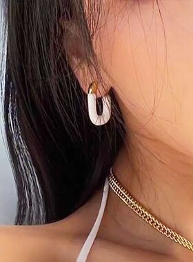 法式白色珐琅方形耳环925银针小众设计轻奢高级感耳饰气质百搭个