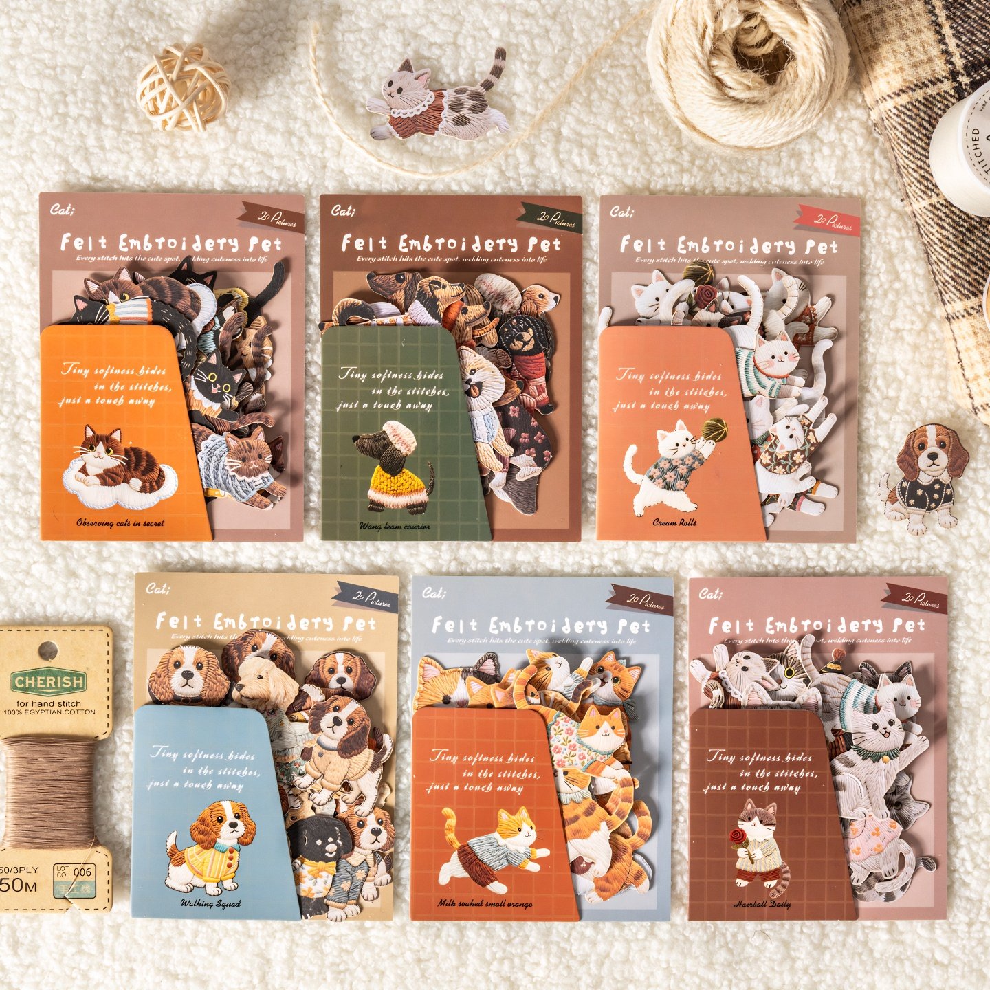 番茄酱少女绒绣萌刺绣风可爱卡通动物小狗猫咪复古无白边手帐贴纸,淘宝优惠券,粉丝福利购,淘宝优惠卷