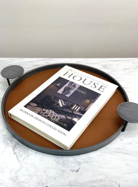 简约现代轻奢橘色黑色皮金属圆托盘 客厅桌面时尚收纳摆件装饰品