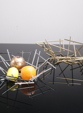 现代简约样板间软装创意镂空金属鸟巢水果置物篮摆件客厅茶几饰品