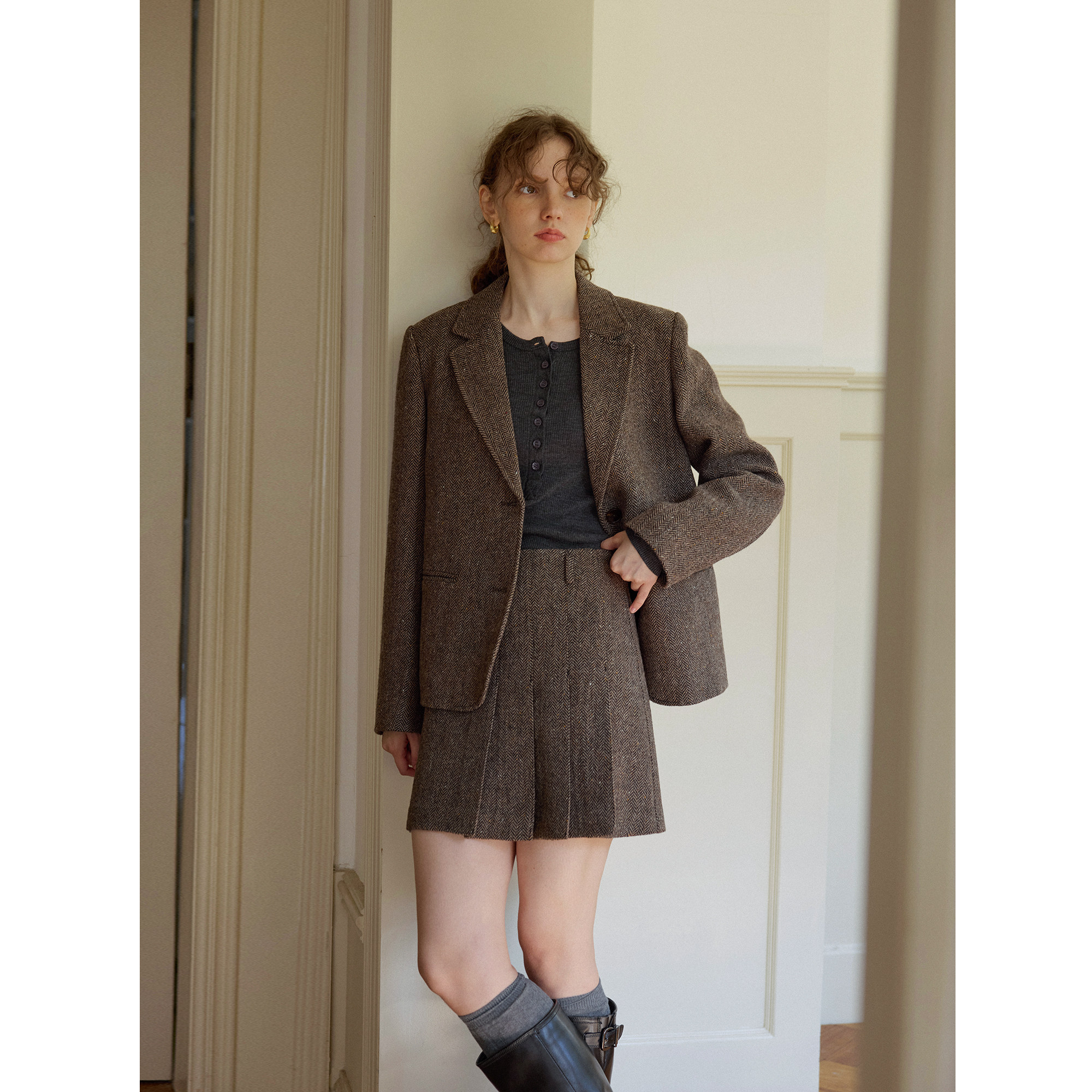 复古人字纹羊毛休闲宽松短款西装毛呢外套女秋冬新款呢子通勤韩版,淘宝优惠券,粉丝福利购,淘宝优惠卷