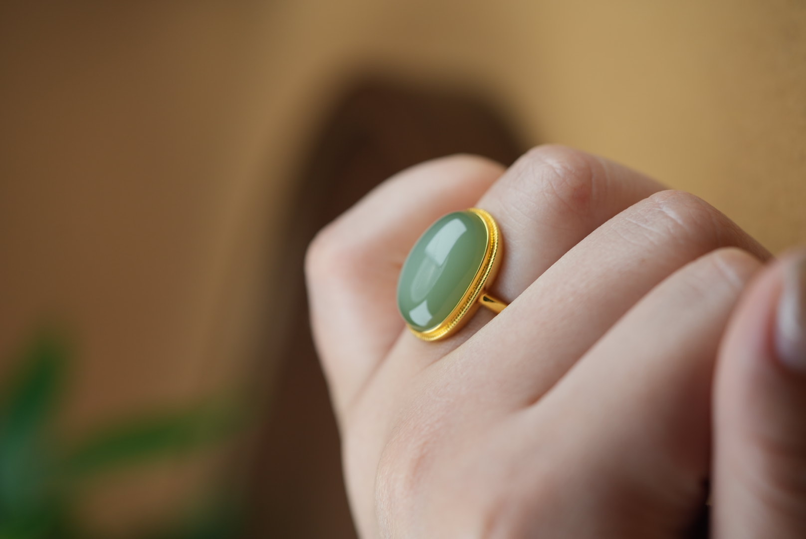 18k gold inlaid Russian jasper pink green fluorescent egg ring duck egg blue women's ring