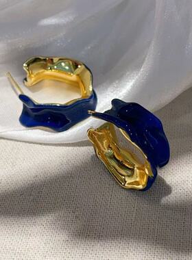 复古蓝色珐琅釉波浪C形圈耳环个性气质金属风不规则异形耳饰品