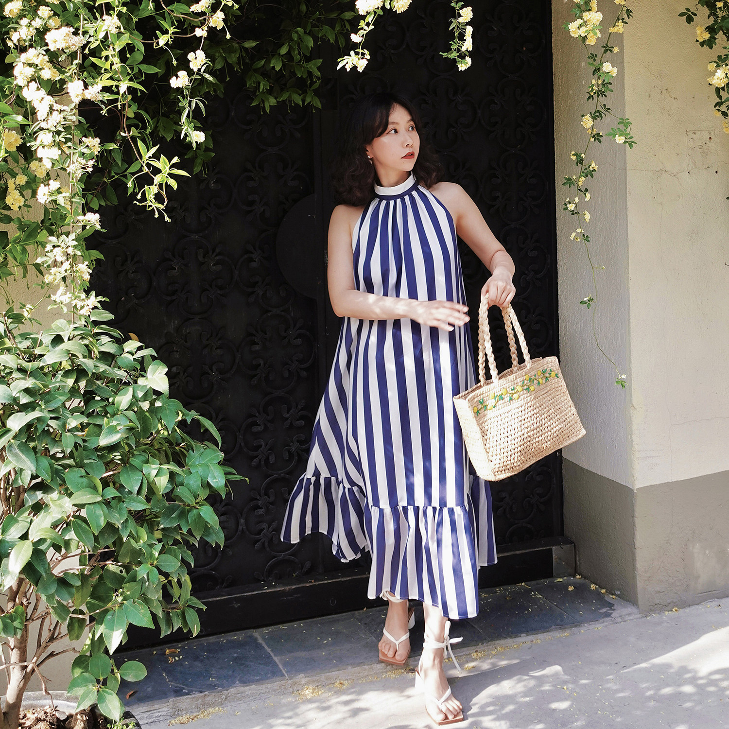 Into Fiction100%天丝宽松遮肉老钱海岛度假风蓝白条纹挂脖连衣裙,淘宝优惠券,粉丝福利购,淘宝优惠卷