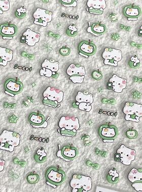 青苹果小猫咪立体浮雕美甲贴纸