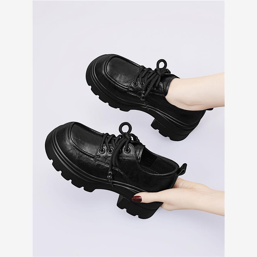 小皮鞋女2025年春秋新款厚底高跟英伦风单鞋黑色系带百搭jk乐福鞋 - 图0