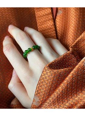 新款帝王绿翡翠色手串转运圆珠手链气质百搭新中式套装小米珠戒指