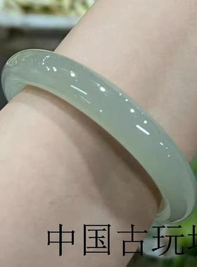 新疆和田玉手镯正圈圆条晴水高冰青白玉镯宽版高端东陵玉少女镯子