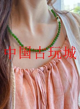 俄罗斯碧玉原创项链百搭款和田白玉菠菜绿双拼色国风新中式毛衣链