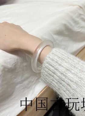 冰种飘花扁圆条白玉髓手镯月光玛瑙玉手镯女款翡翠荔枝冻冰透精品