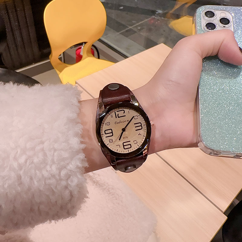 圆形复古手表牛皮文艺百搭石英机芯女士表中性简约大盘潮流腕表女 - 图0
