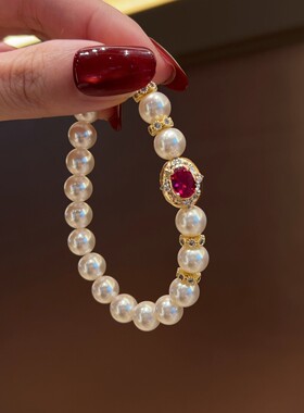 深圳旭佳旭家正圆施家珍珠金色闪锆隔片红色宝盒手链女精致小众