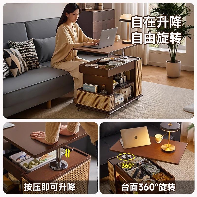 家逸实木可移动边几升降茶几客厅沙发边柜子收纳家用中古风小推车,淘宝优惠券,粉丝福利购,淘宝优惠卷
