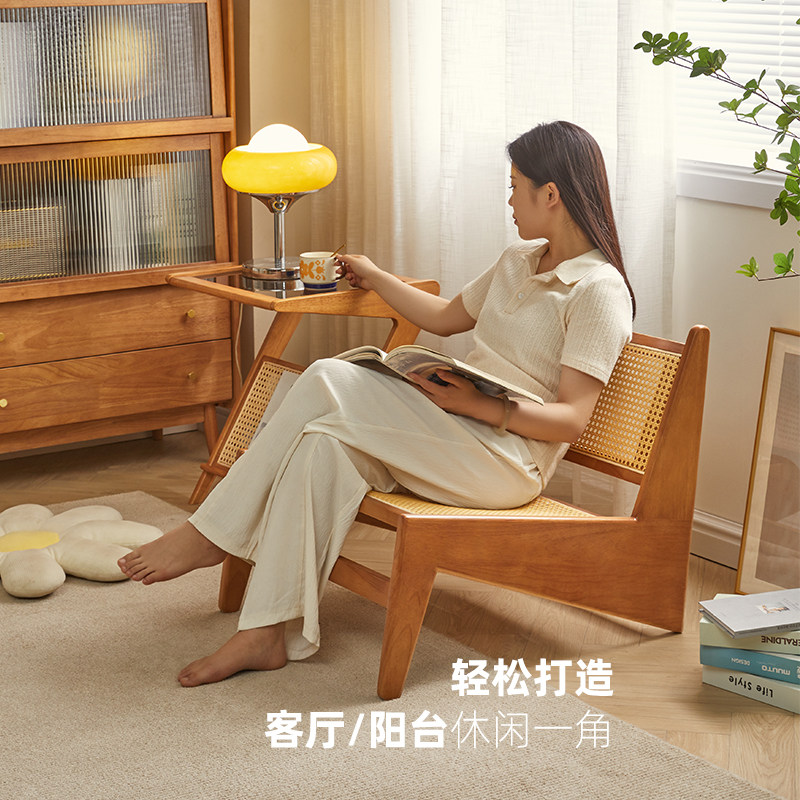 躺椅阳台休闲椅懒人沙发椅北欧袋鼠椅中古单人实木侘寂风藤编椅子