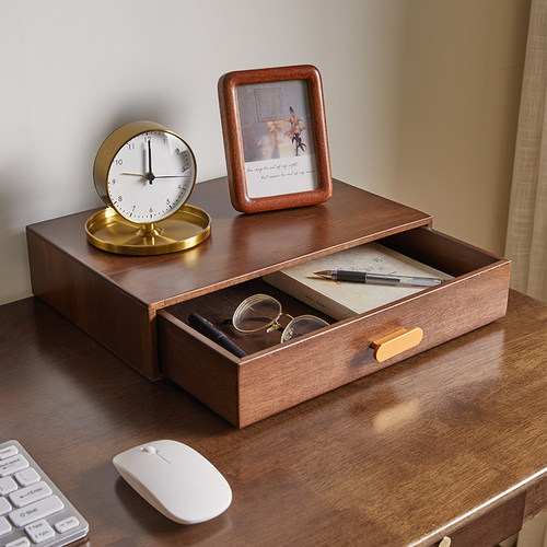 实木多层抽屉式桌面收纳盒家用办公室桌上文件储物盒电脑增高架子 - 图1