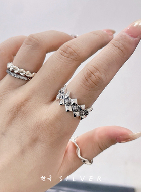 韩单s925纯银不规则菱形边十字架戒指女复古嘻哈食指戒时尚潮个性