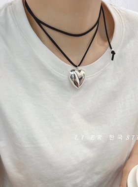 韩单重工s925纯银大爱心项链女ins时尚甜酷黑绳系带锁骨链毛衣链