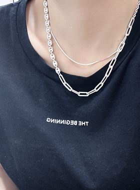 韩代s925纯银实心重工曲别针猪鼻子拼接项链男女款个性百搭毛衣链