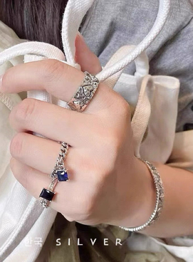 韩国高货s925纯银复古戒指女坦克链条小众设计蓝钻石食指环高级潮