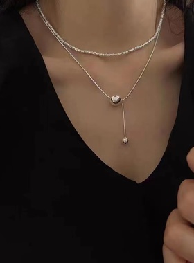 韩国重工通体纯银圆球项链女女