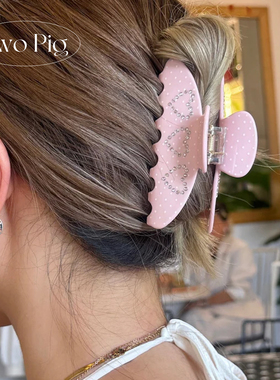 粉色波点镶钻爱心抓夹醋酸大号