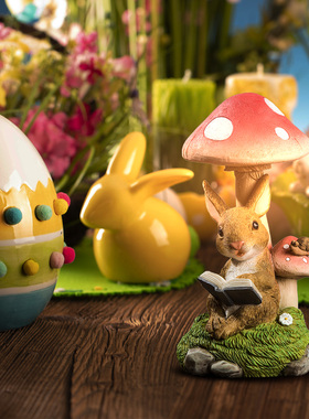 动物摆件太阳能蘑菇灯兔子草坪灯装饰庭院阳台露台室外树脂工艺品