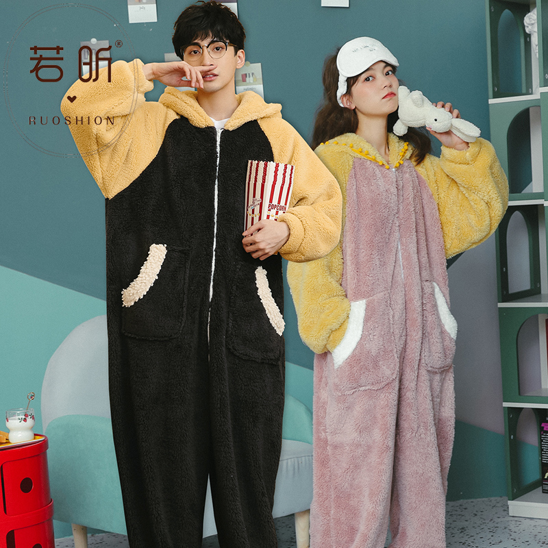 若昕服饰旗舰店珊瑚绒情侣连体睡衣女秋冬季款套装加厚法兰绒男士卡通动漫家居服0