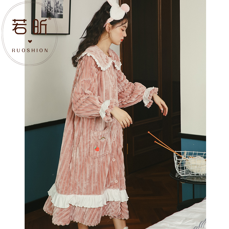 若昕服饰旗舰店珊瑚绒睡衣睡袍秋冬季女可爱甜美卡通加厚学生法兰绒中长款家居服0