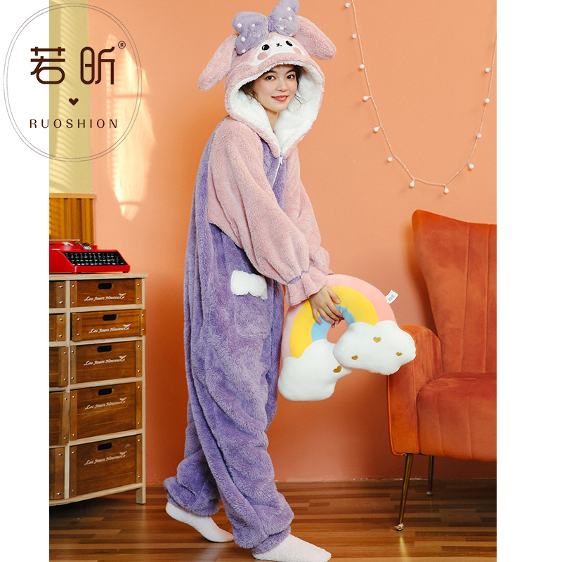 若昕服饰旗舰店珊瑚绒睡衣女春秋冬季连体卡通动漫可爱甜美学生加厚法兰绒家居服1