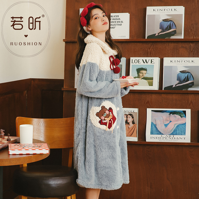 若昕服饰旗舰店珊瑚绒睡衣睡袍秋冬季女可爱甜美卡通加厚学生法兰绒中长款家居服1