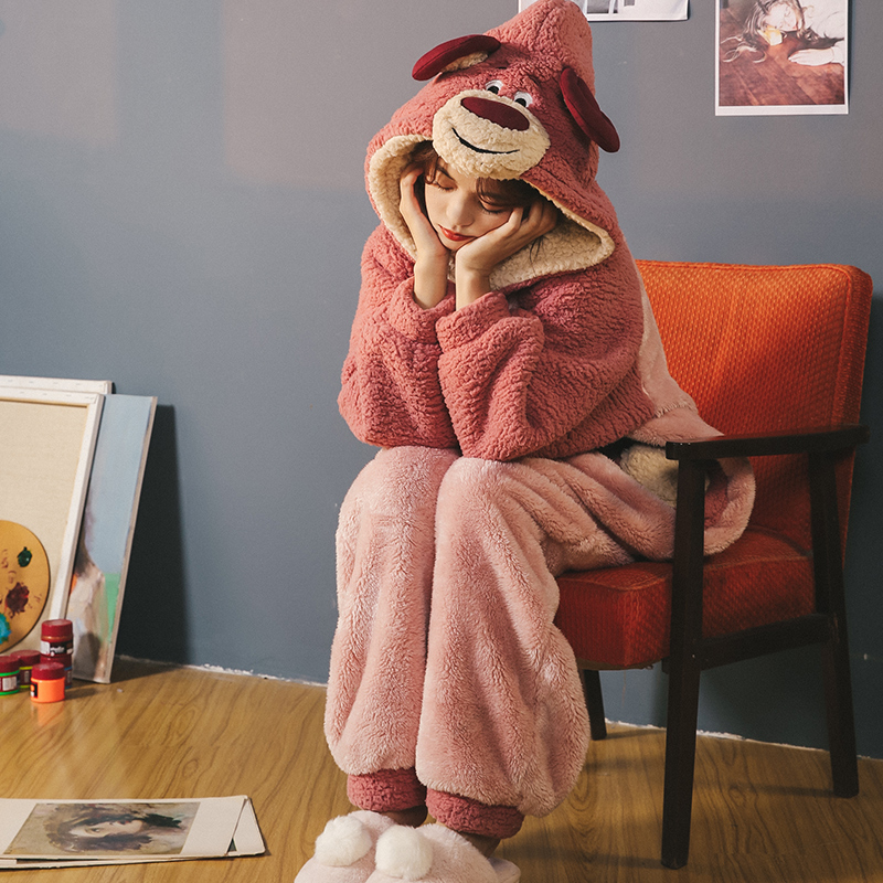 若昕服饰旗舰店睡衣女春秋冬季珊瑚绒可爱连体加厚法兰绒学生卡通动漫套装家居服2