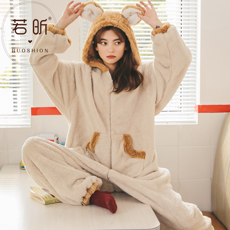 若昕服饰旗舰店睡衣女春秋冬季珊瑚绒可爱连体加厚法兰绒学生卡通动漫套装家居服0