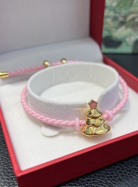 纯18K圣诞粉色苹果编织手链au750彩金铃铛圣诞树叠戴手绳礼物